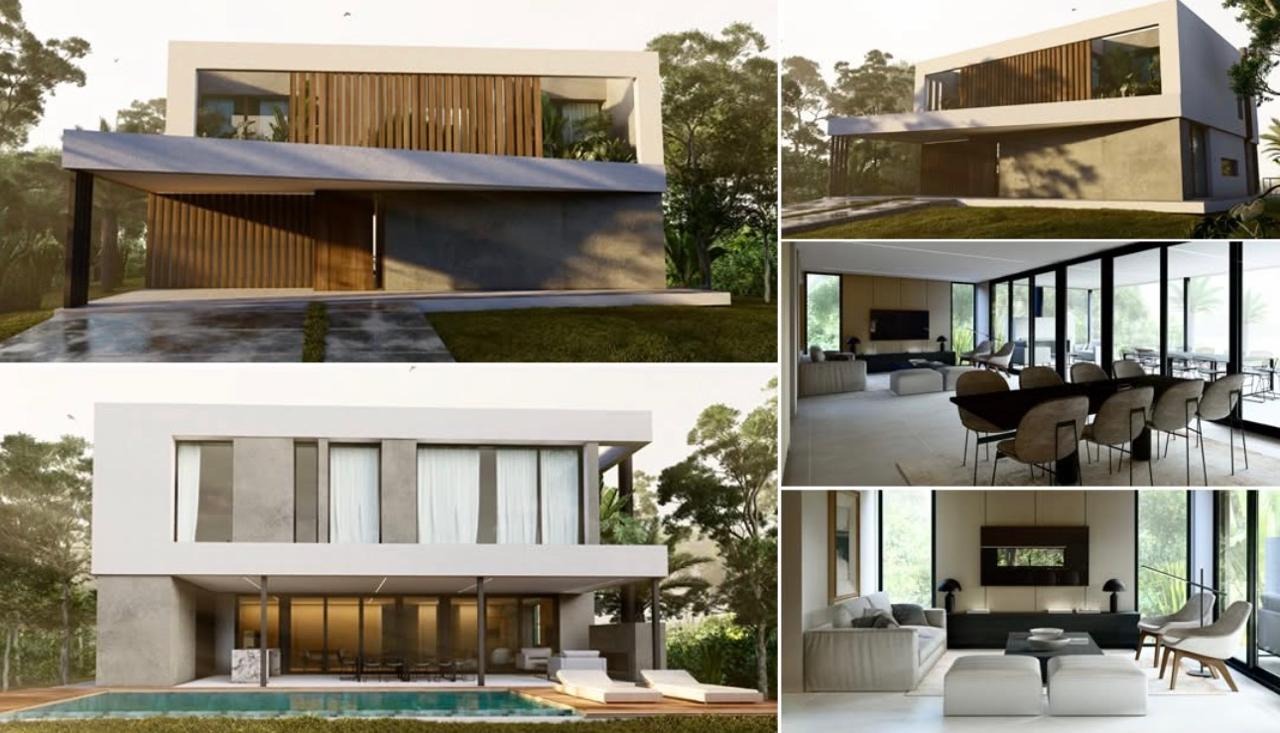 Renders de fachada e interiores de una vivienda