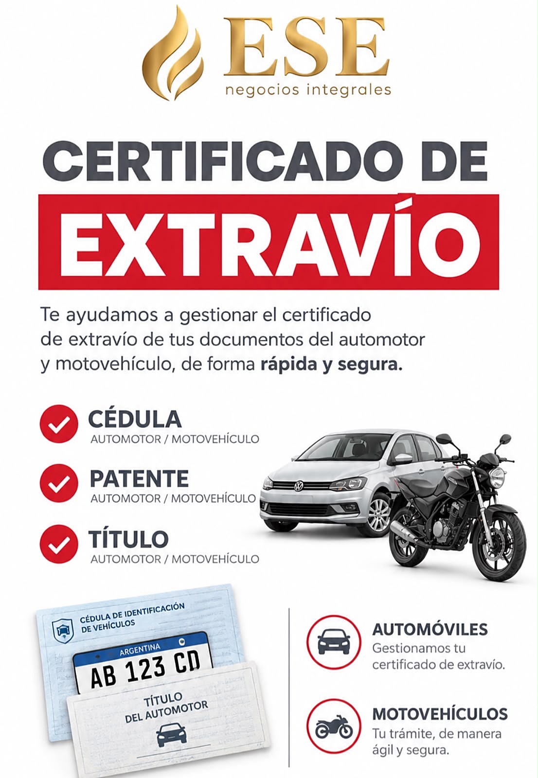 Certificado de extravío de documentación del automotor
